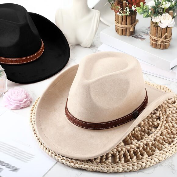 6682 4 Pcs Classic Western Cowboy Hat Felt Wide Brim Cowgirl Hats With Belt main image 6